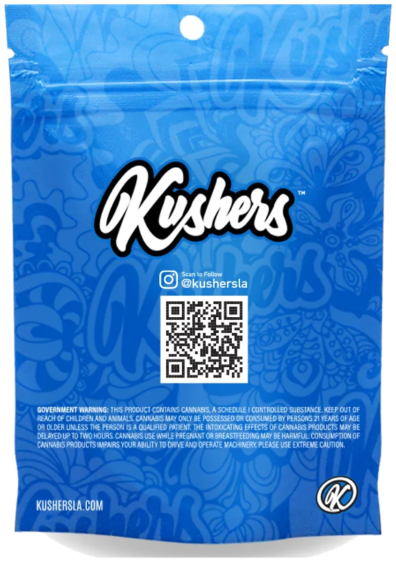 Back of the Kushers flower bag, blue with the kushersla.com QR code